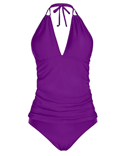 AONTUS Maternity Tankini Swimsuit Two-Piece With Shorts - Tummy Control Halter Top, Red Dot, X-Large