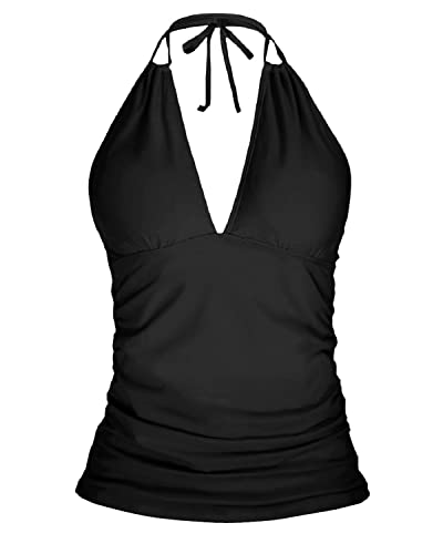 dress tankini black high neck for 15 dollars Women's Chlorine Resistant Multi Way Swimsuit Top Coldwater is recommended Ruched Square Neck Tankini Set