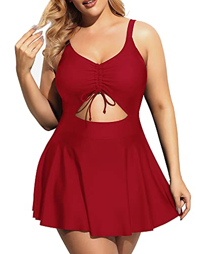 plus size red swim dress Plus Size One Piece Swimsuit Skirt V Neck Swimdress Cutout Bathing Sui –  Yonique