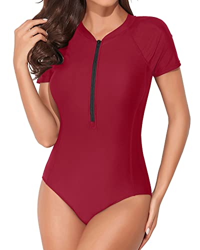 Upf 50+ Surfing Swimwear One Piece Zipper Bathing Suit Short Sleeve  Swimsuits-Red