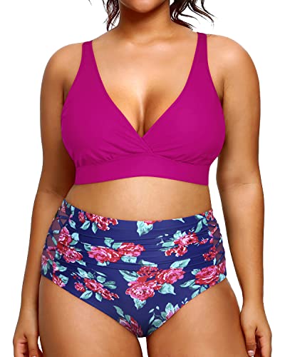 Sexy V Neck High Waisted Plus Size Bikini Bathing Suits-Pink Floral   Yonique