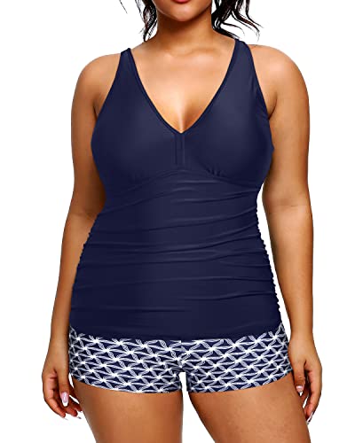 Yonique Plus Size Tankini Swimsuit 2-Piece With Shorts - Tummy Control & Flowy Top (Red & Blue, 18 Plus) - View #7