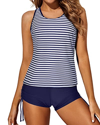 Versatile Piece Bathing Suit Removable Backless Tankini-Blue And White Stripes