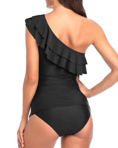 One Shoulder Ruffle Top High Waist Two Piece Set