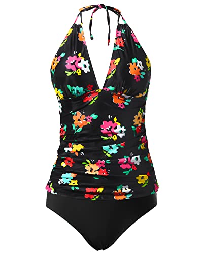 Women's Plus Size Tummy Control Tankini Two Piece Swimsuit Halter V Neck Swimwear