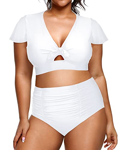 Two Piece Plus Size Bikini Set High Waisted Short Sleeve Bathing Suits