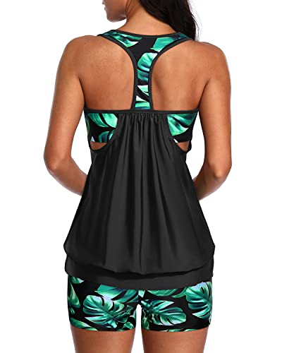 Two Piece Tankini Bathing Suits T-Back Blouson Swim Tops with Boy Shorts for Women