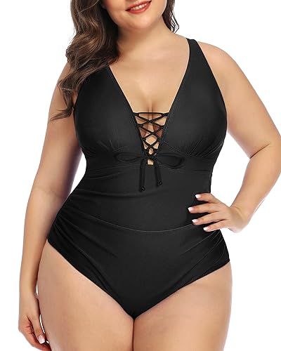 Plus Size Plunge V-Neck Lace-Up One Piece Swimsuit
