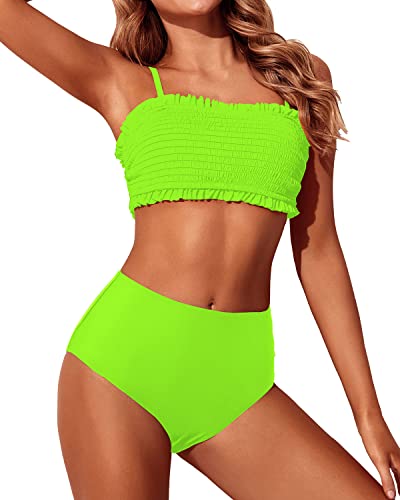 Stylish Smocked Off Shoulder Bikini Bandeau Bikini Set Two Piece Swimsuits for Women