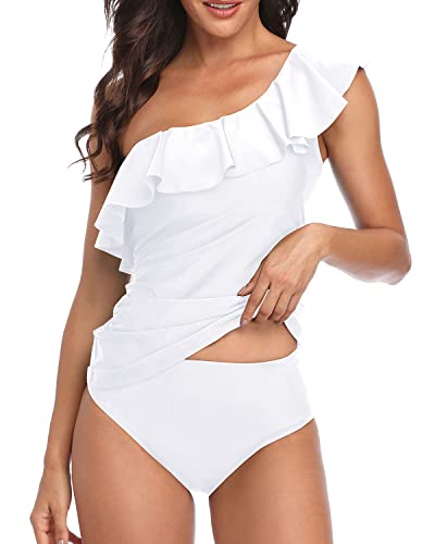 Women's One Shoulder Tankini Two Piece Swimsuits Tummy Control Ruffle Swimwear