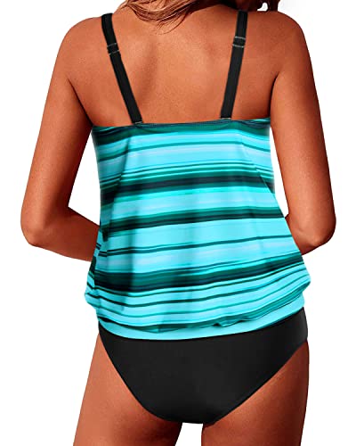 Women's Two Piece Blouson Tankini Swimsuits Loose Fit Swimwear