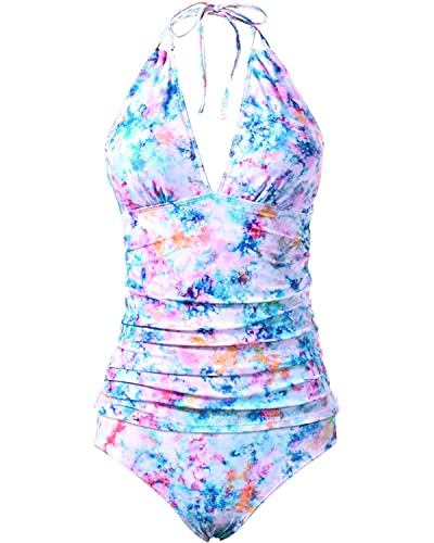 Yonique Plus Size Tankini With Skirt - High Neck Tummy Control Swimsuit 12W-24W