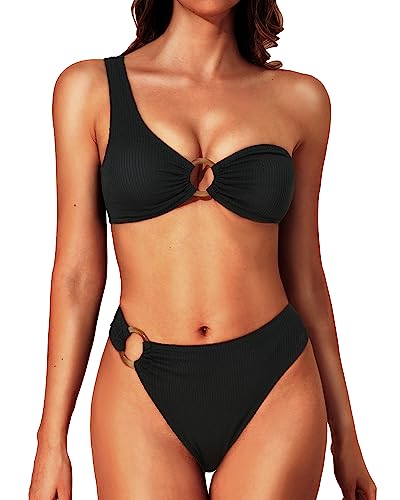 Ribbed Bikini Set Single Shoulder Swimsuits