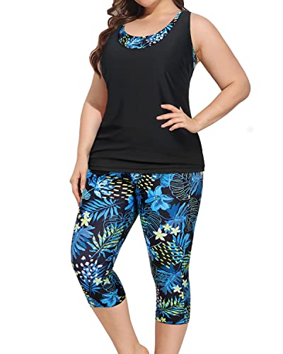 Stylish Plus Size Swimwear 3 Piece Tankini Swimsuits with Sports Bra and Swim Capris