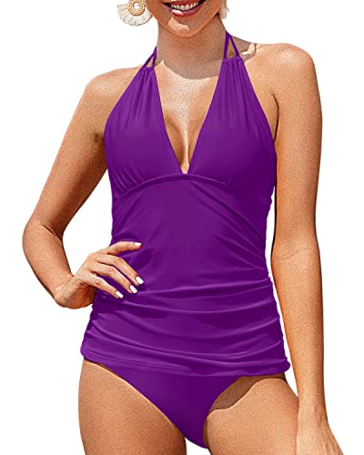 Tummy Control Halter Tankini Women's V Neck Two Piece Swimsuits