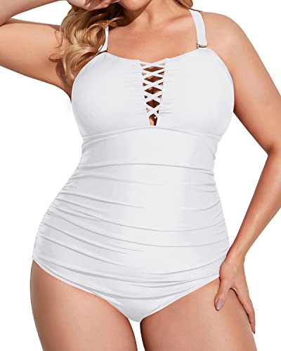 Plus Size One Piece Swimsuits V Neck Tummy Control Bathing Suits Lace Up Swimwear