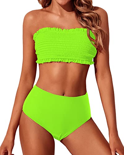 Stylish Smocked Off Shoulder Bikini Bandeau Bikini Set Two Piece Swimsuits for Women