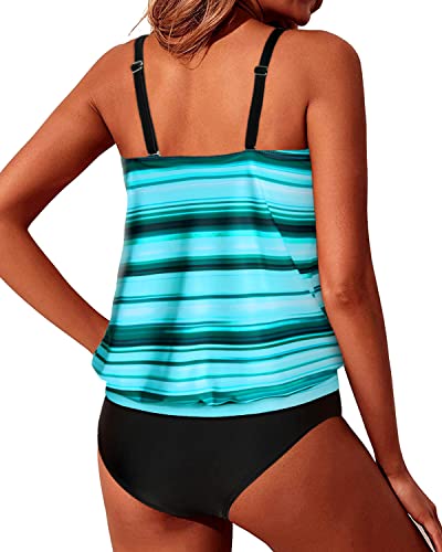 Women's Two Piece Blouson Tankini Swimsuits Loose Fit Swimwear