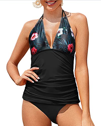 Plus Size Ruched Two Piece Halter V Neck Swimsuits