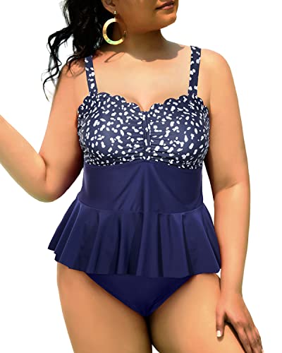 Trendy High Waisted Peplum Tankini Plus Size Scalloped Swimsuits with Tummy Control