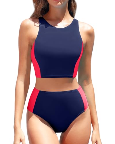 High Neck Crop Top High Waist Two Piece Set