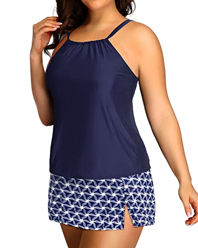 Women's Plus Size High Neck Tankini with Skirt Tummy Control Bathing Suits