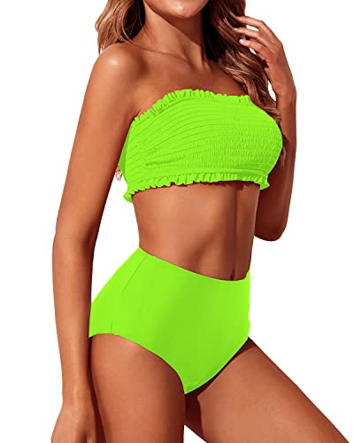 Stylish Smocked Off Shoulder Bikini Bandeau Bikini Set Two Piece Swimsuits for Women