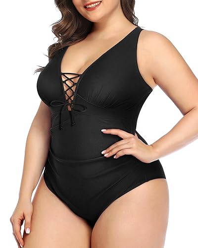 Plus Size Plunge V-Neck Lace-Up One Piece Swimsuit