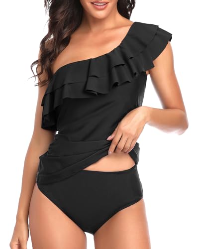 One Shoulder Ruffle Top High Waist Two Piece Set