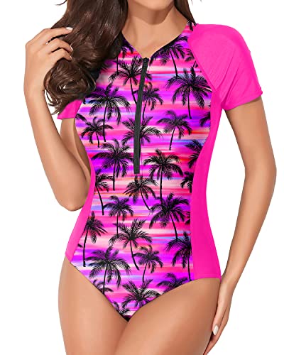 Women's UPF 50+ Short Sleeve Rash Guard Swimsuits One-Piece Zipper Bathing Suits