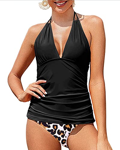 Plus Size Halter V Neck Two Piece Ruched Swimsuits
