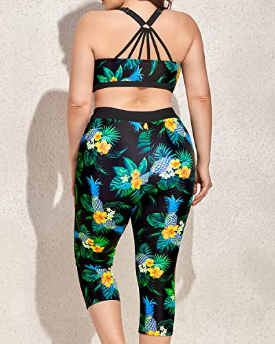 Plus Size Women's 3 Piece Swimsuits Tankini Tops with Swim Capris and Sports Bra