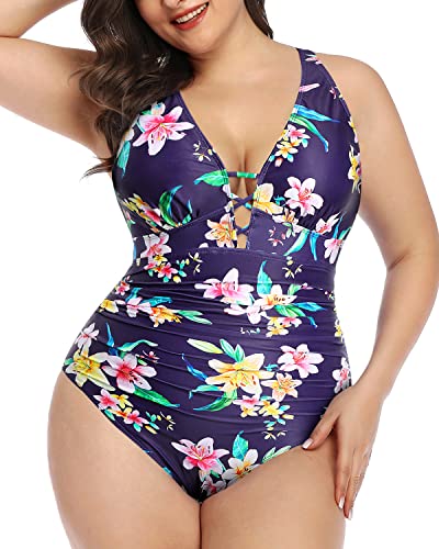 Plus Size Lace-Up Plunge V Neck Swimwear Women's One Piece Swimsuit