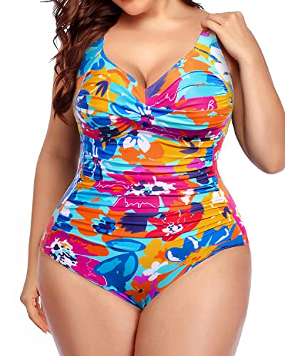 Plus Size Twist Front Ruched One Piece Swimsuits Women's Tummy Control Bathing Suits