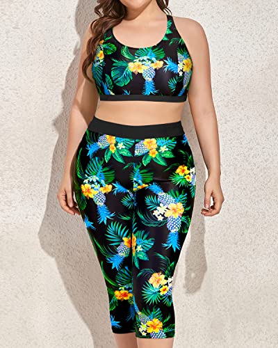 Plus Size Women's 3 Piece Swimsuits Tankini Tops with Swim Capris and Sports Bra
