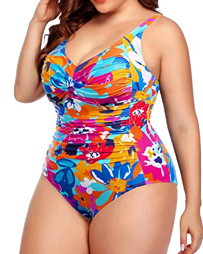 Plus Size Twist Front Ruched One Piece Swimsuits Women's Tummy Control Bathing Suits