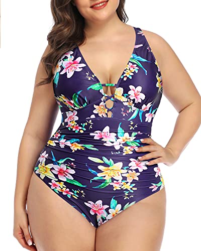 Plus Size Lace-Up Plunge V Neck Swimwear Women's One Piece Swimsuit