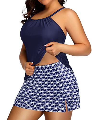 Women's Plus Size High Neck Tankini with Skirt Tummy Control Bathing Suits