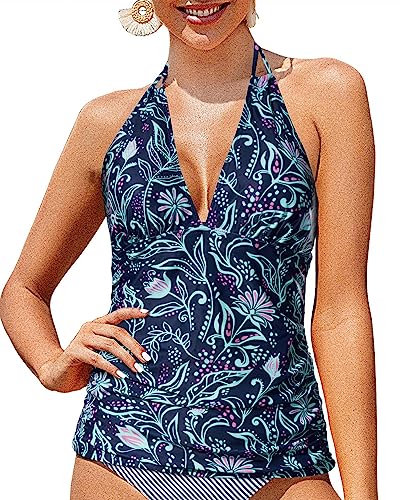 V Neck Swim Tops Tummy Control Tankini Tops