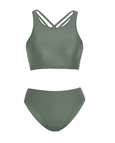 High Neck Push Up Sports Bra Two Piece Swimsuits For Teen Girls-Army Green