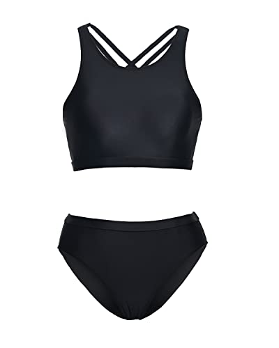 Two Piece Sporty Bikini Tops Athletic High Neck Swimsuits For Teens-Black