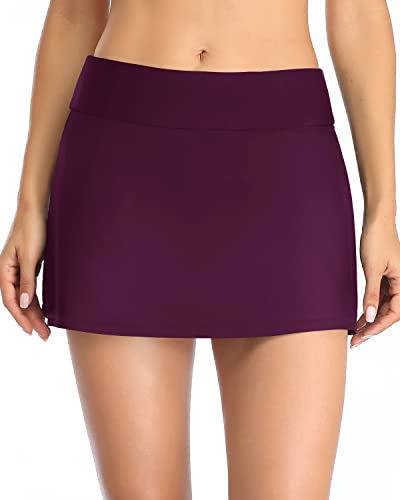 Mid Thigh A Line Build-In Brief Swim Skirt Bottoms For Women-Maroon