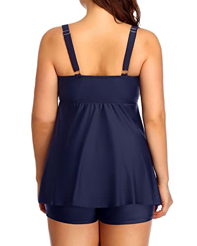 Two Piece Tie Knot Bow Adjustable Swimsuit Tops And Black Boyleg Bottom-Navy Blue