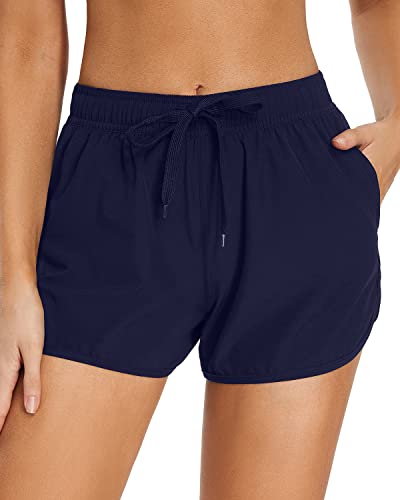Breathable Quick-Dry Swim Shorts Side Pockets For Teen Girls-Navy Blue
