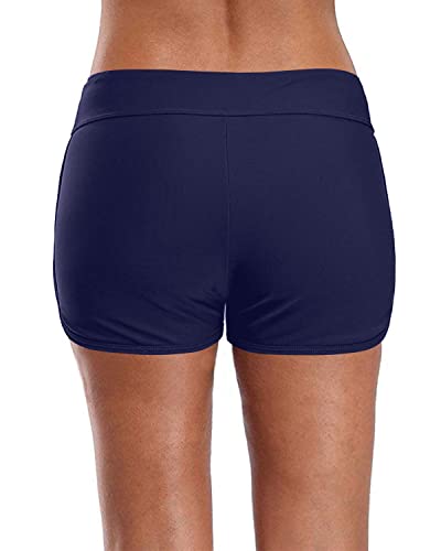 Adjustable Drawstring Swim Bottoms Board Shorts Swim Shorts-Navy Blue