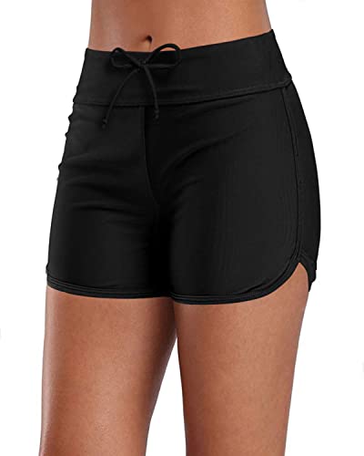 Womens Drawstring Swimsuit Bottoms Board Shorts Swim Shorts-Black