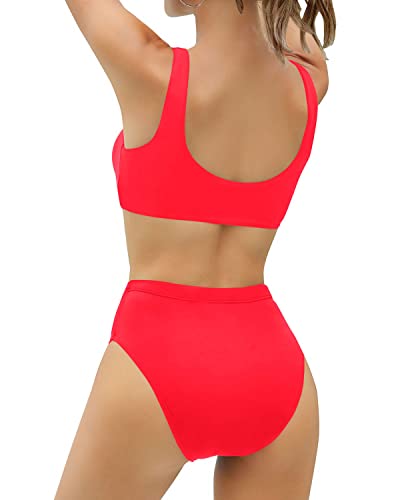 Women's Two Piece High Waisted Bikini Set Knot Front For Teens-Neon Red