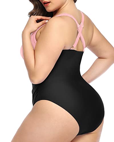 Lace Up Front Criss Cross Back Plus Size Deep V Neck One Piece Swimsuit-Pink And Black