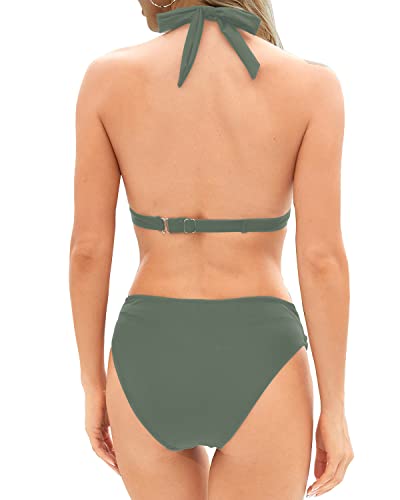 Two Piece Bathing Suits Push Up Bikini Set Halter Swimsuit Vintage Swimwear-Army Green