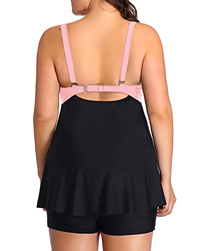 Women's Plus Size Bowknot Tankini Swimsuits Push Up Padded Bra-Pink And Black